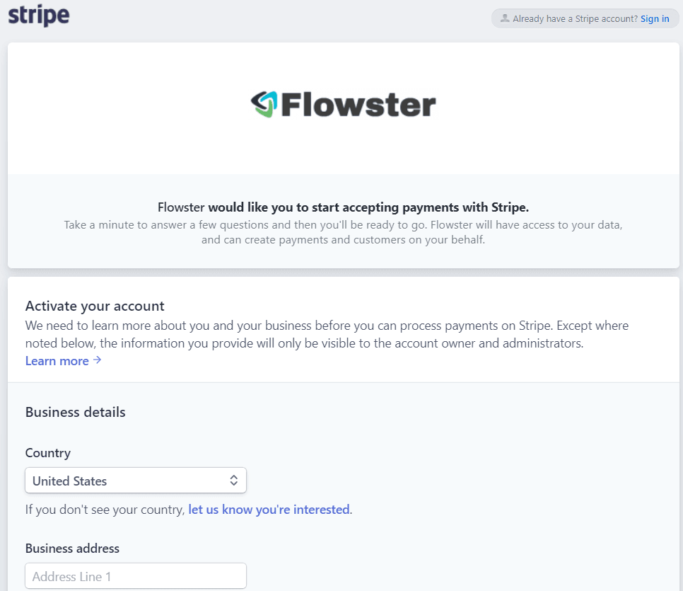 Stripe Flowster payment setup