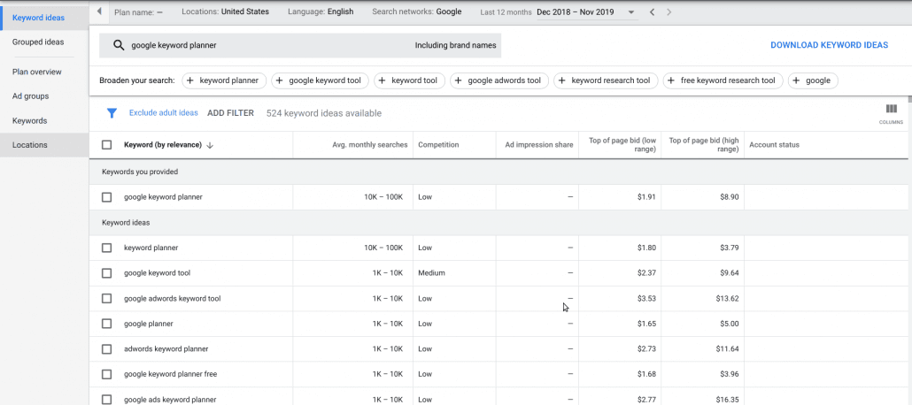 Keyword Planner - search for new keywords