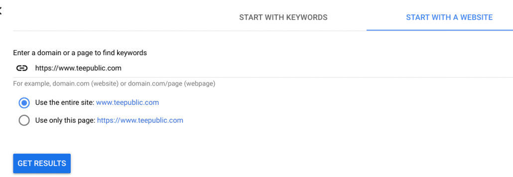 Keyword Planner - start with a website