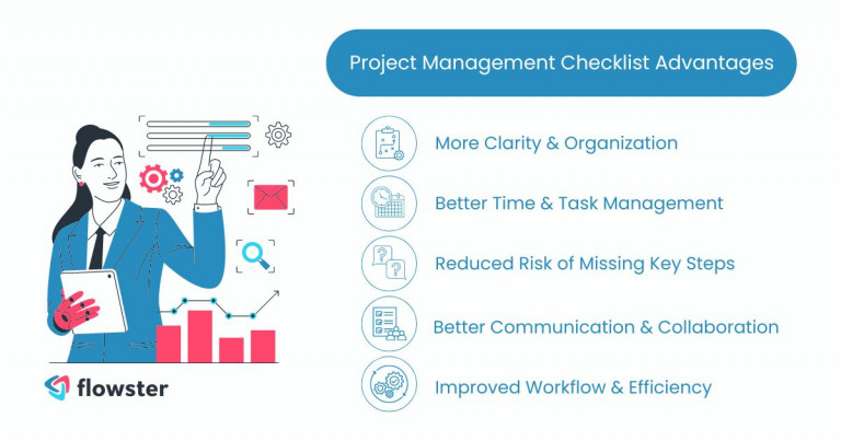 Image to list and illustrate the advantages of using a project management checklist.