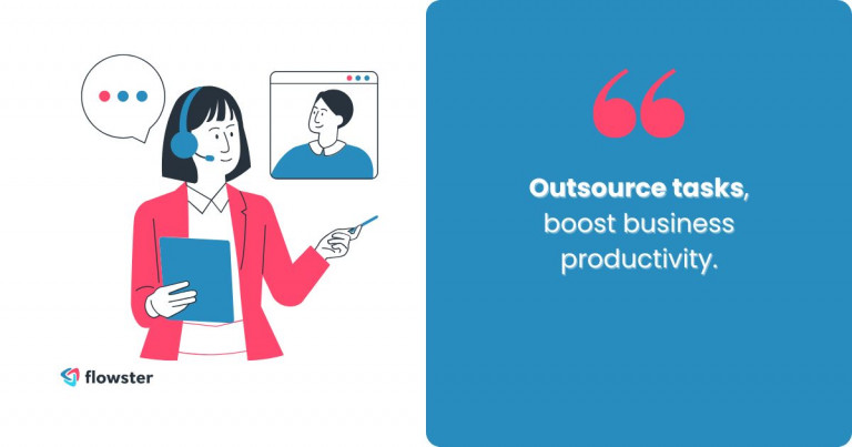 An illustration of a business owner delegating tasks to freelancers or virtual assistants through an online platform, symbolizing outsourcing for improved business productivity.