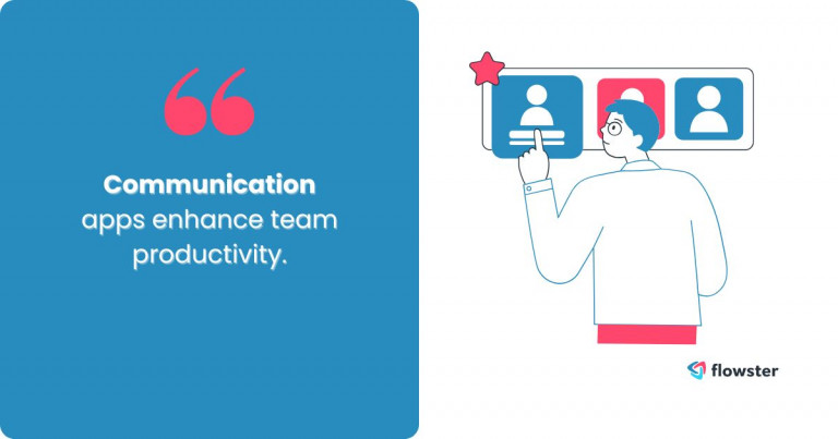 An illustration of team members communicating through apps like Slack and Zoom, with speech bubbles and task icons, symbolizing efficient communication in business productivity.