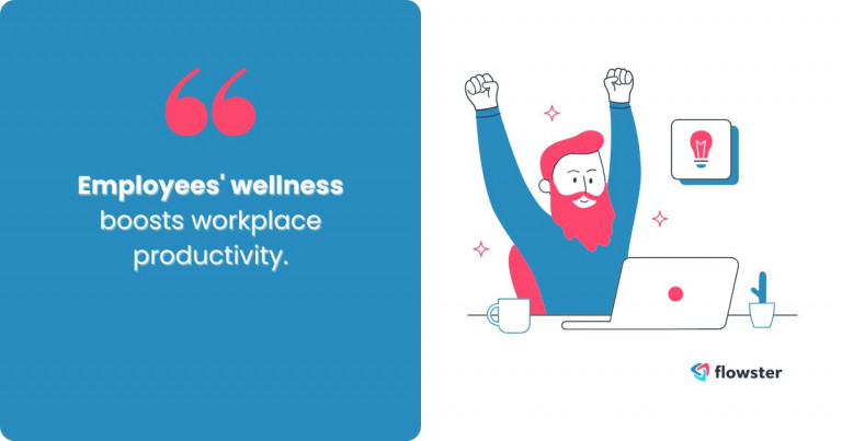 An illustration of an employee in a modern office, engaging in wellness activities like stretching, symbolizing employee well-being and productivity.