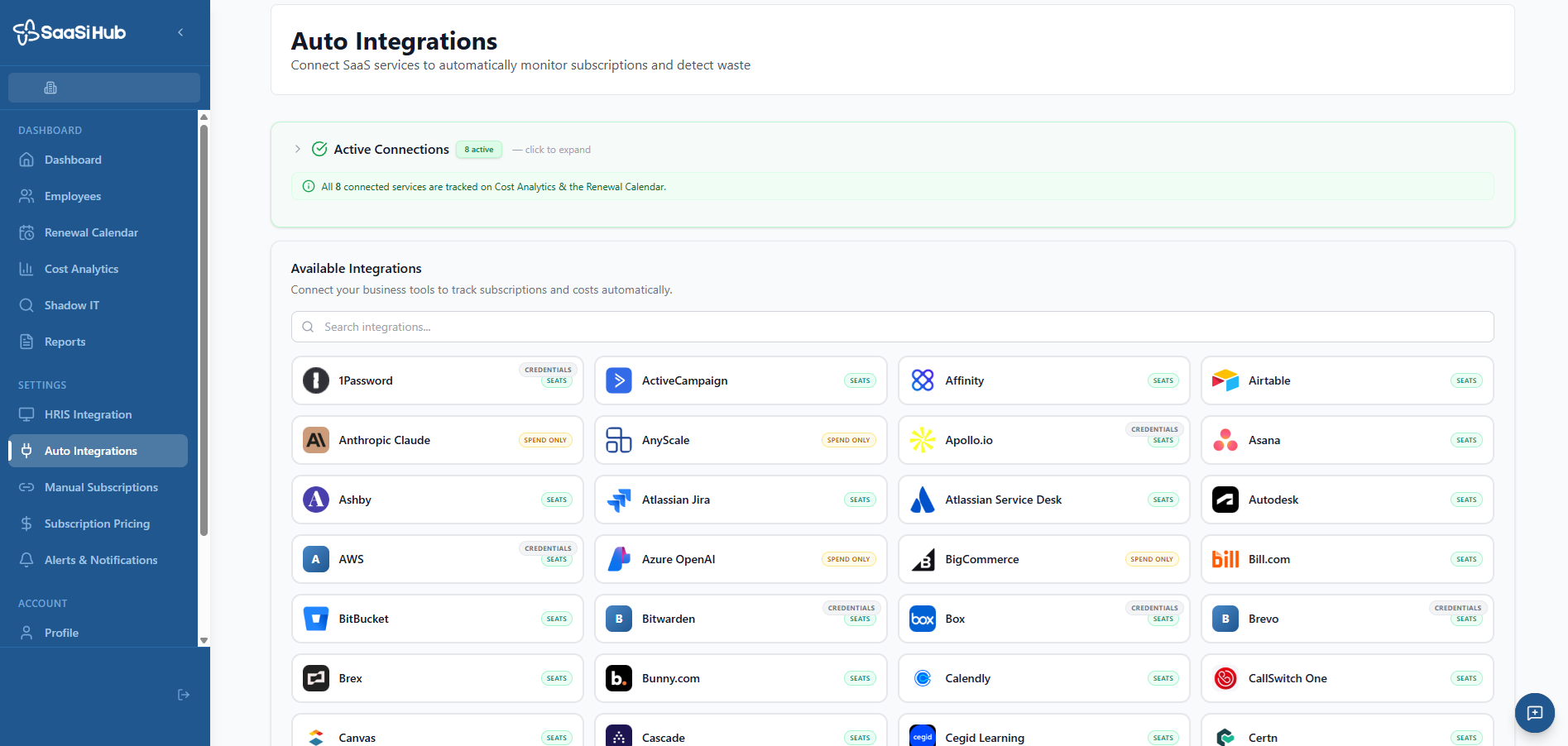 SaaSi Hub: Helping Businesses Take Control of SaaS Spend and Eliminate Software Waste 1 SaaSi Hub Platform Screenshot Auto Integrations Page Image 1